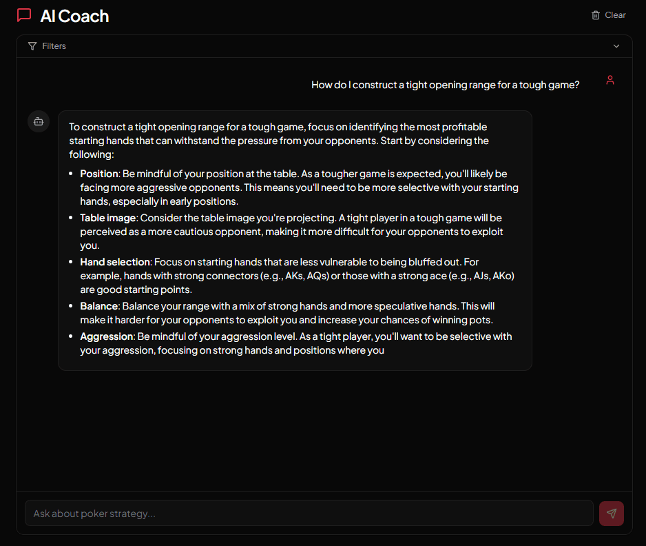AI Coach interface showing powered by an embedded language model with curated poker knowledge base